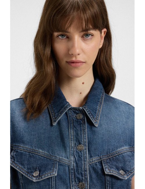 Veste carrée sans manches en denim indigo