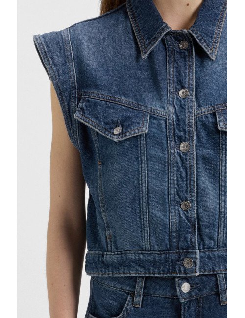 Veste carrée sans manches en denim indigo