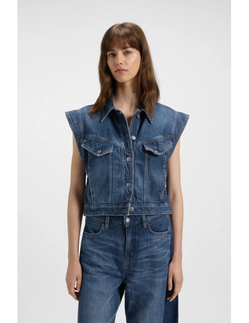 Veste carrée sans manches en denim indigo